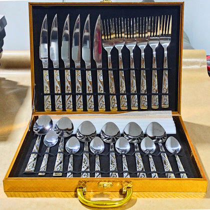 Jogo Faqueiro de Luxo 24 Peças Inox Com Dourado
