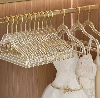 Kit 10 Cabides glitter Transparentes de Luxo Dourado.