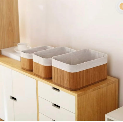 3 Unidades Cestos Organizadores de Bambu  Multiuso Com Forro Perfeito Para Banheiros, Armários, Lavanderias. Bonito e Elegante (natural)