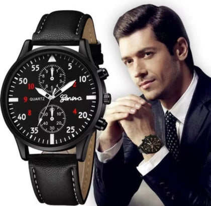 Relógio Masculino Genebra em Couro Preto Retro com Pulseiras de Brinde