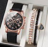 Relógio Quartz Feminino Kit 3 Pulseiras Couro Sintético. Cor preto