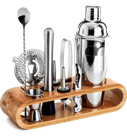 Kit Completo Coqueteleira Profissional 550ml Com 12 Peças Aço Inox e Suporte Premium