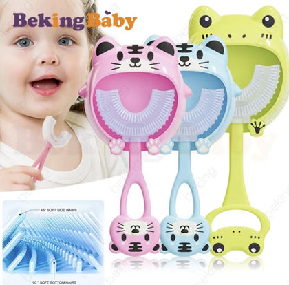 Escova de Dente Silicone Macio Infantil Em Forma de U 360 Graus  2 Anos a 12 Anos. Rosa