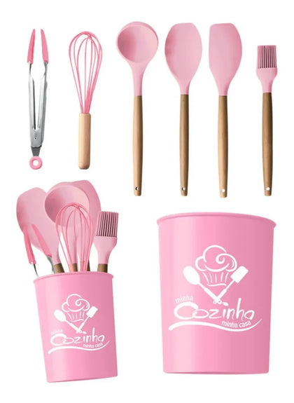 Jogo de Utensílios de Silicone Com Cabo de Madeira - 7 Peças (rosa)