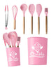 Jogo de Utensílios de Silicone Com Cabo de Madeira - 7 Peças (rosa)