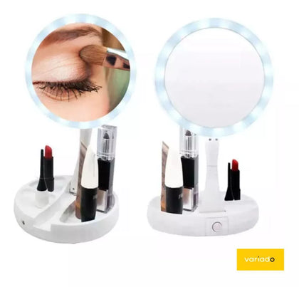 Espelho Dobrável de Maquiagem Com Iluminação Led e Zoom 10x