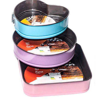 Kit 3 Forma de Bolo Antiaderente Fundo Removível Colorida