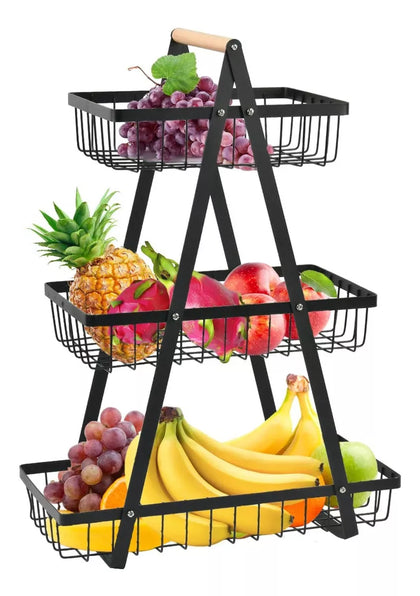 Fruteira de Mesa Arame Em Metal 3 Andares 52cm Cor Preto