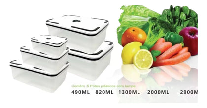 Kit de Potes Herméticos Multiuso Com Tampas - 5 Unidades compatível com Micro-ondas e Freezer.